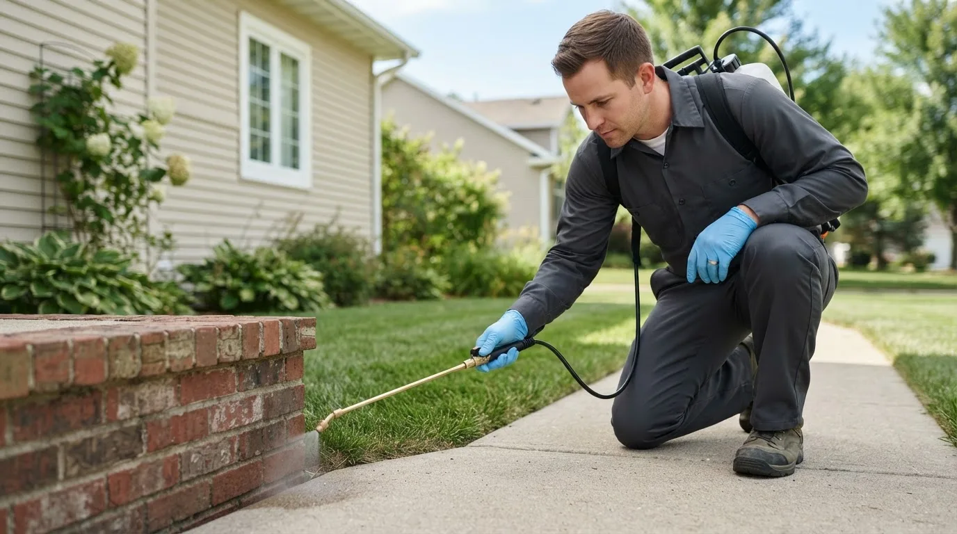 Pest control technician treating a home near Caneyville, KY